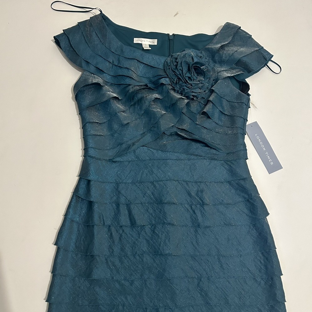 LONDON TIMES SHIMMERY DEEP BLUE TIERED COCKTAIL PARTY DRESS FLORAL ACCENTS SZ 4